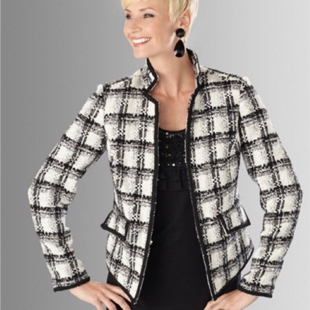 Chico’s Samuela Tweed  Bouche Blazer Jacket Black White Plaid Classic Old Money - Picture 2 of 15